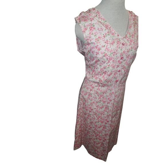 Vintage Pink Rose Floral Sleeveless Midi Dress – V-Neck, Button Front – Medium - Picture 3 of 9
